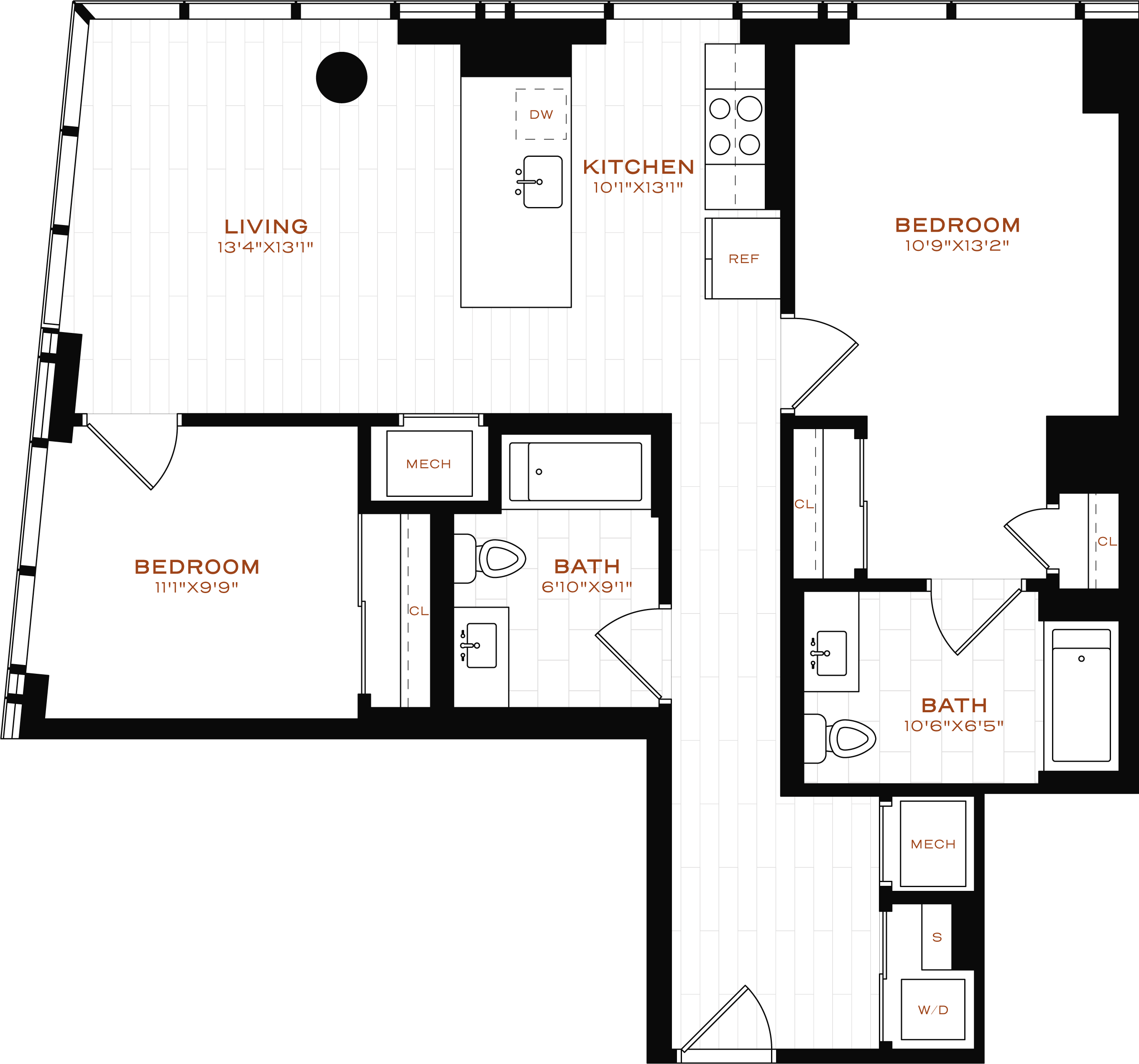 Rendering of the 2 Bed-2 Bath Floor Plan